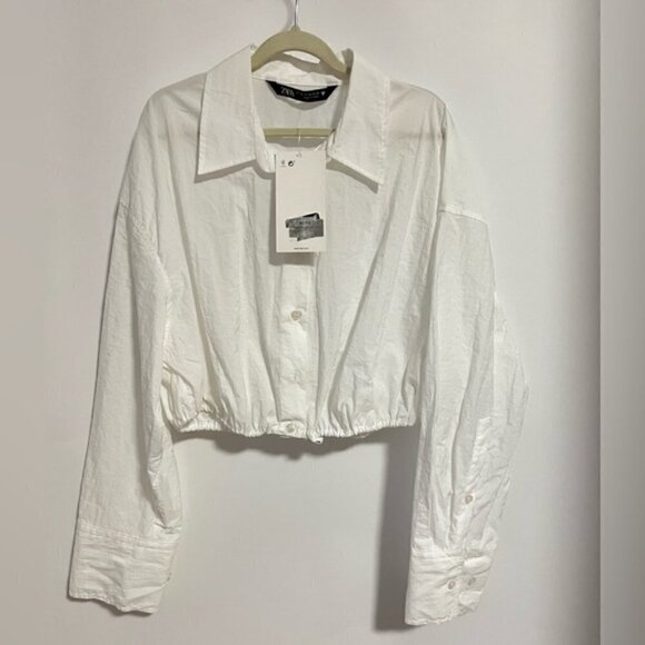 Zara, Ladies Cropped Shirt with drawstring at Hem - White. Size: XS. NWT - Picture 2 of 13